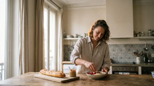 Une personne prepare un petit-dejeuner equilibre dans une cuisine lumineuse a la francaise, symbole d'un mode de vie healthy adopte en douceur
