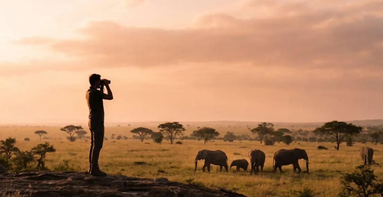 Un voyageur observe des éléphants sauvages à bonne distance depuis un promontoire naturel, au lever du soleil sur la savane