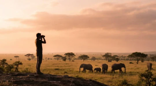 Un voyageur observe des éléphants sauvages à bonne distance depuis un promontoire naturel, au lever du soleil sur la savane