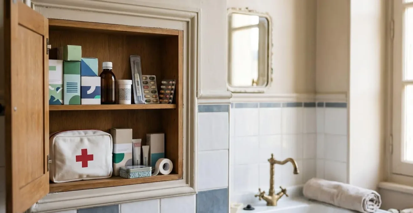 Armoire à pharmacie familiale bien organisée dans un intérieur français, avec trousse de secours et produits de santé rangés avec soin