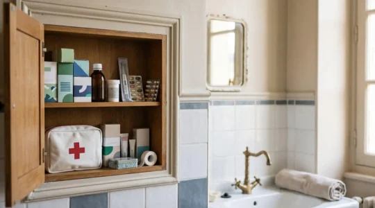 Armoire à pharmacie familiale bien organisée dans un intérieur français, avec trousse de secours et produits de santé rangés avec soin
