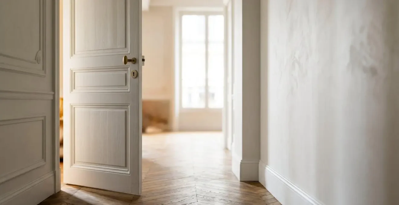 Porte intérieure en bois entrouverte dans un couloir d'appartement français baigné de lumière naturelle