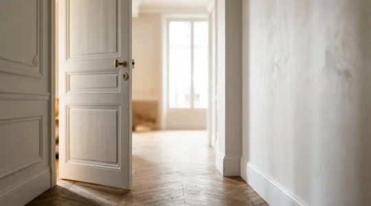 Porte intérieure en bois entrouverte dans un couloir d'appartement français baigné de lumière naturelle
