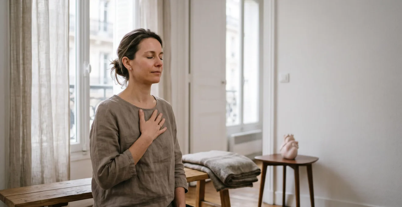 Une personne en pleine séance de respiration consciente dans un cabinet lumineux et épuré, symbolisant la rencontre entre bien-être et rigueur scientifique