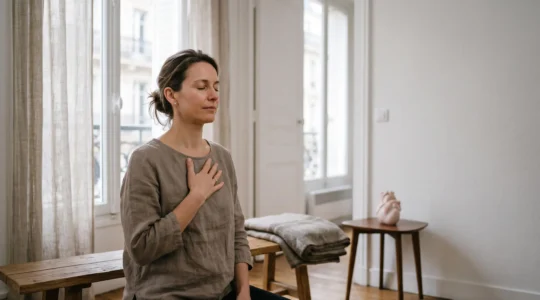 Une personne en pleine séance de respiration consciente dans un cabinet lumineux et épuré, symbolisant la rencontre entre bien-être et rigueur scientifique
