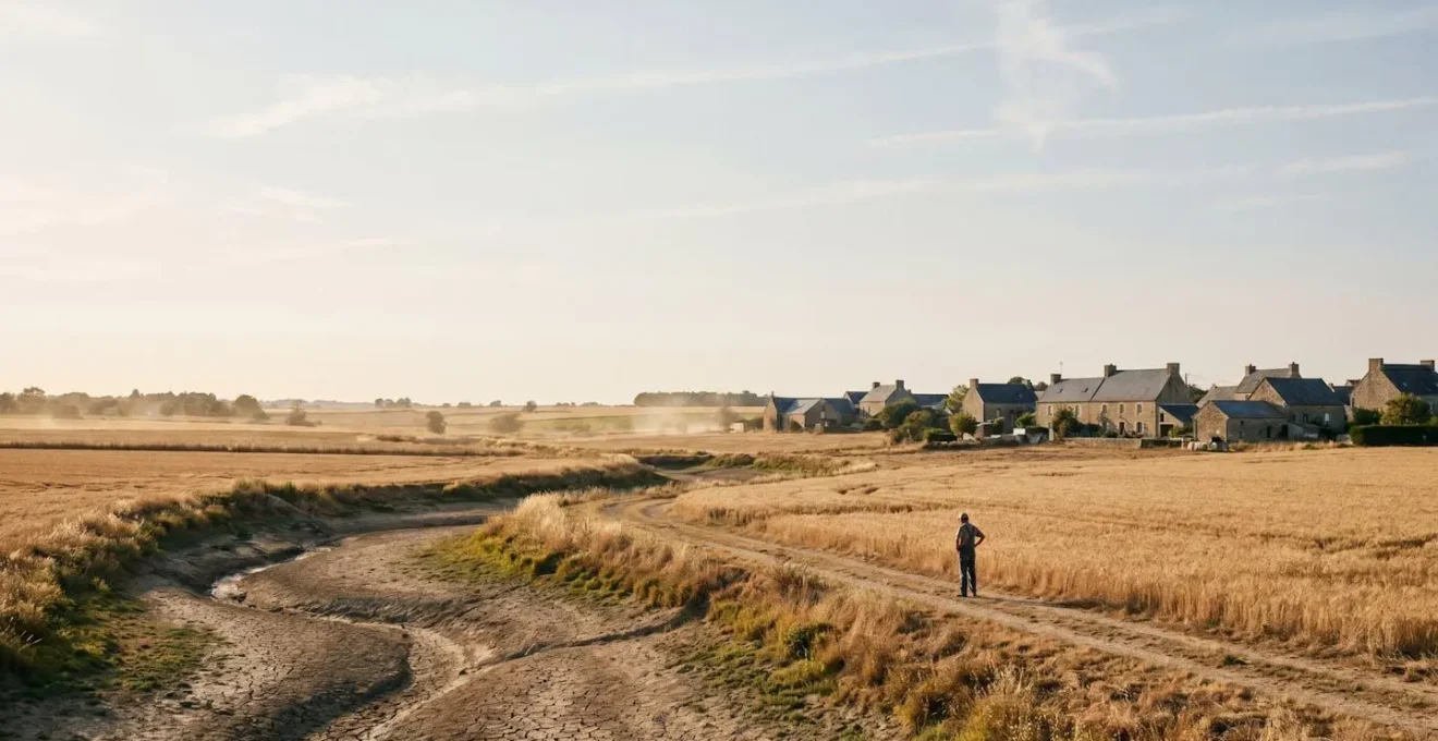 Paysage français symbolisant les impacts du réchauffement climatique sur les régions d'ici 2030, entre sécheresse et vie rurale