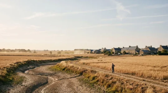 Paysage français symbolisant les impacts du réchauffement climatique sur les régions d'ici 2030, entre sécheresse et vie rurale