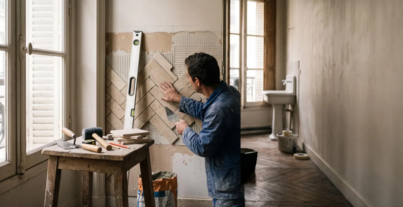 Artisan renovant une salle de bain moderne et lumineuse dans un appartement francais avec un budget maitrise