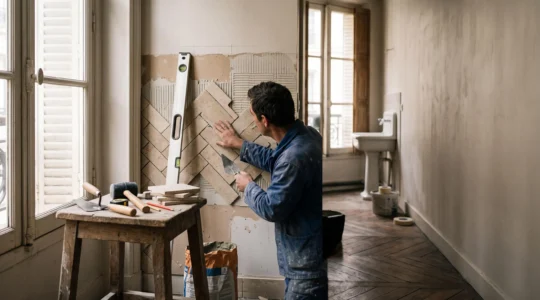 Artisan renovant une salle de bain moderne et lumineuse dans un appartement francais avec un budget maitrise