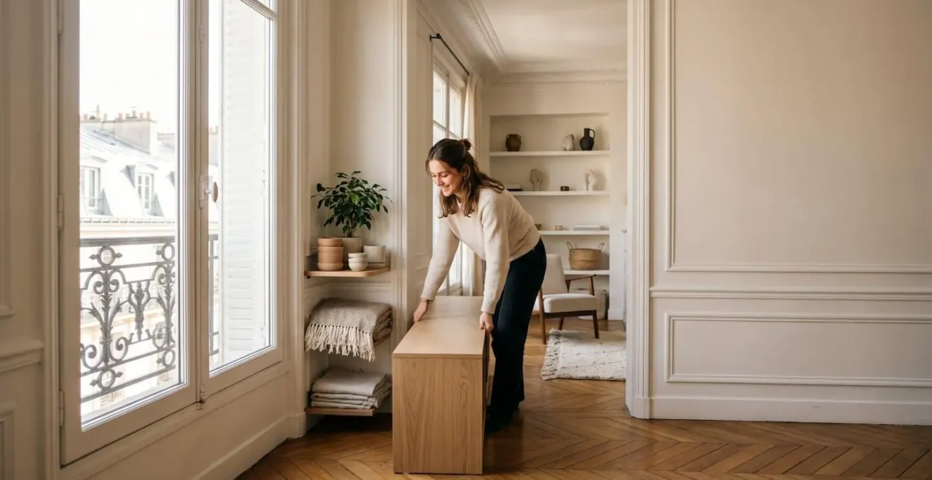 Salon lumineux d'un appartement parisien réaménagé avec des solutions de rangement optimisées