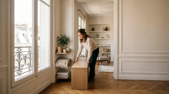 Salon lumineux d'un appartement parisien réaménagé avec des solutions de rangement optimisées