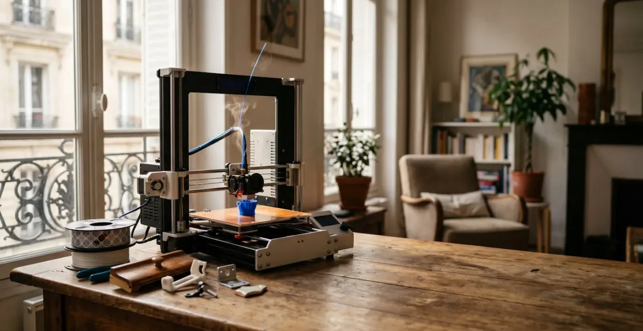 Une imprimante 3D FDM en action dans un appartement parisien, imprimant une pièce de rechange sous une lumière naturelle chaleureuse.