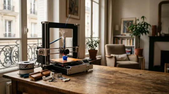 Une imprimante 3D FDM en action dans un appartement parisien, imprimant une pièce de rechange sous une lumière naturelle chaleureuse.