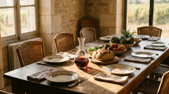 Table dressée à la française vue en lumière douce, symbole du repas gastronomique classé au patrimoine immatériel de l'UNESCO