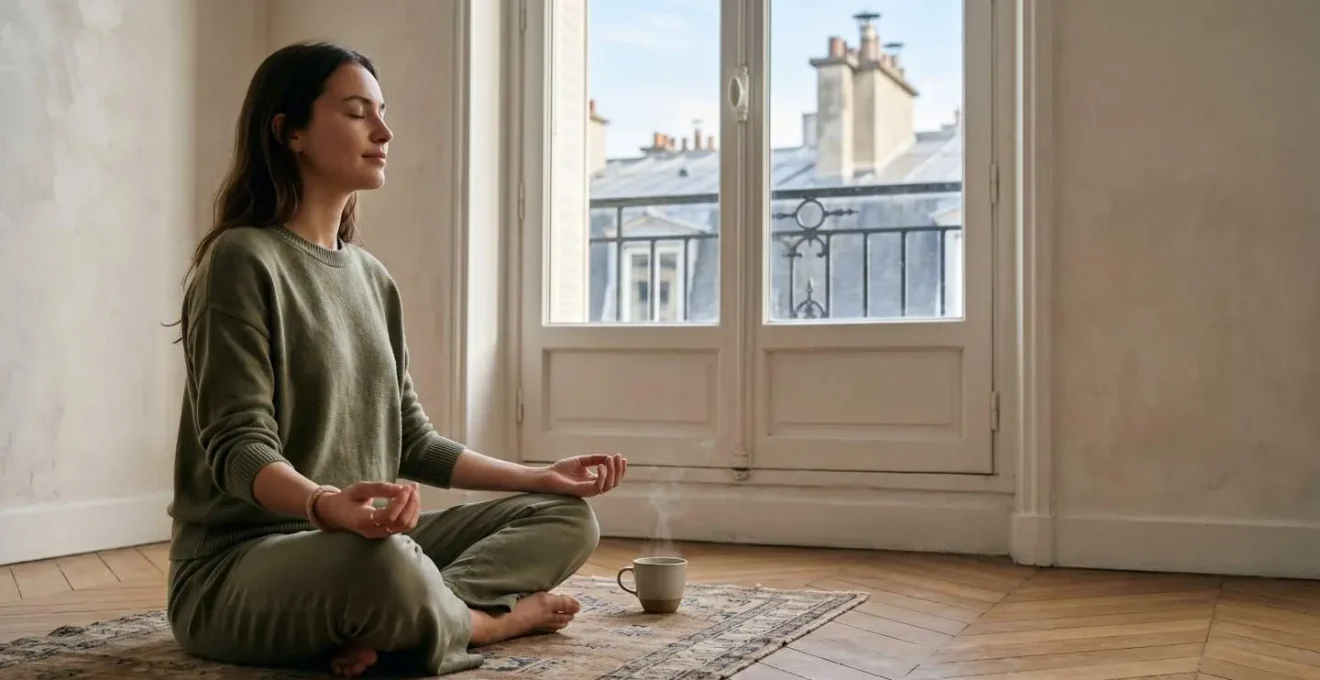 Une personne pratique un moment de respiration calme près d'une fenêtre au petit matin, dans un intérieur parisien épuré