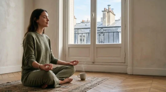 Une personne pratique un moment de respiration calme près d'une fenêtre au petit matin, dans un intérieur parisien épuré