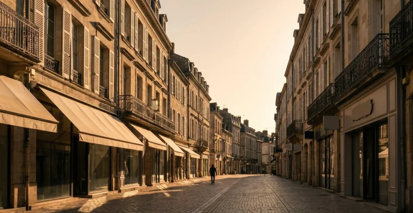 Rue commerçante d'une ville française avec des vitrines fermées et une lumière dorée de fin de journée, symbolisant la désertification des centres-villes