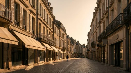 Rue commerçante d'une ville française avec des vitrines fermées et une lumière dorée de fin de journée, symbolisant la désertification des centres-villes