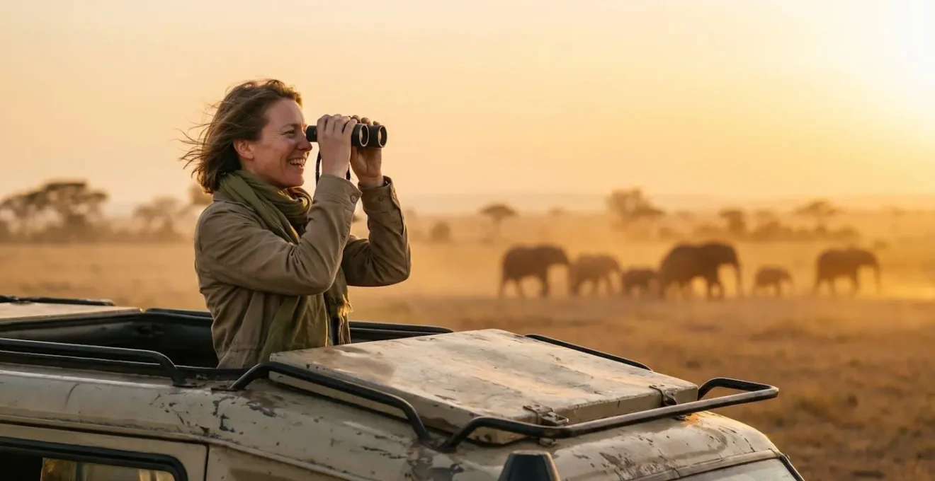 Voyageur observant un troupeau d'éléphants au coucher du soleil depuis un véhicule de safari ouvert dans la savane africaine