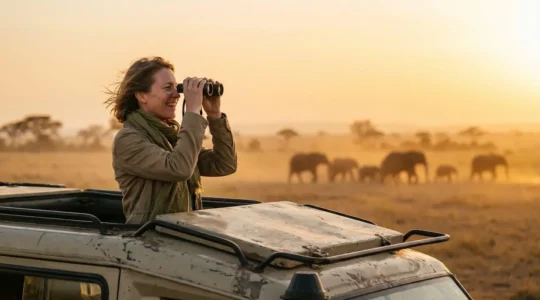 Voyageur observant un troupeau d'éléphants au coucher du soleil depuis un véhicule de safari ouvert dans la savane africaine