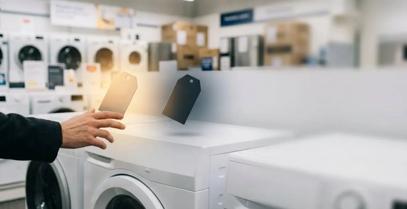 Client dans un magasin d'électroménager français hésitant entre plusieurs options de services, symbolisant le choix entre garanties essentielles et frais superflus