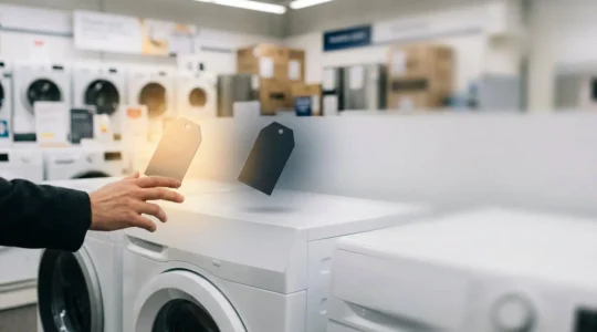 Client dans un magasin d'électroménager français hésitant entre plusieurs options de services, symbolisant le choix entre garanties essentielles et frais superflus