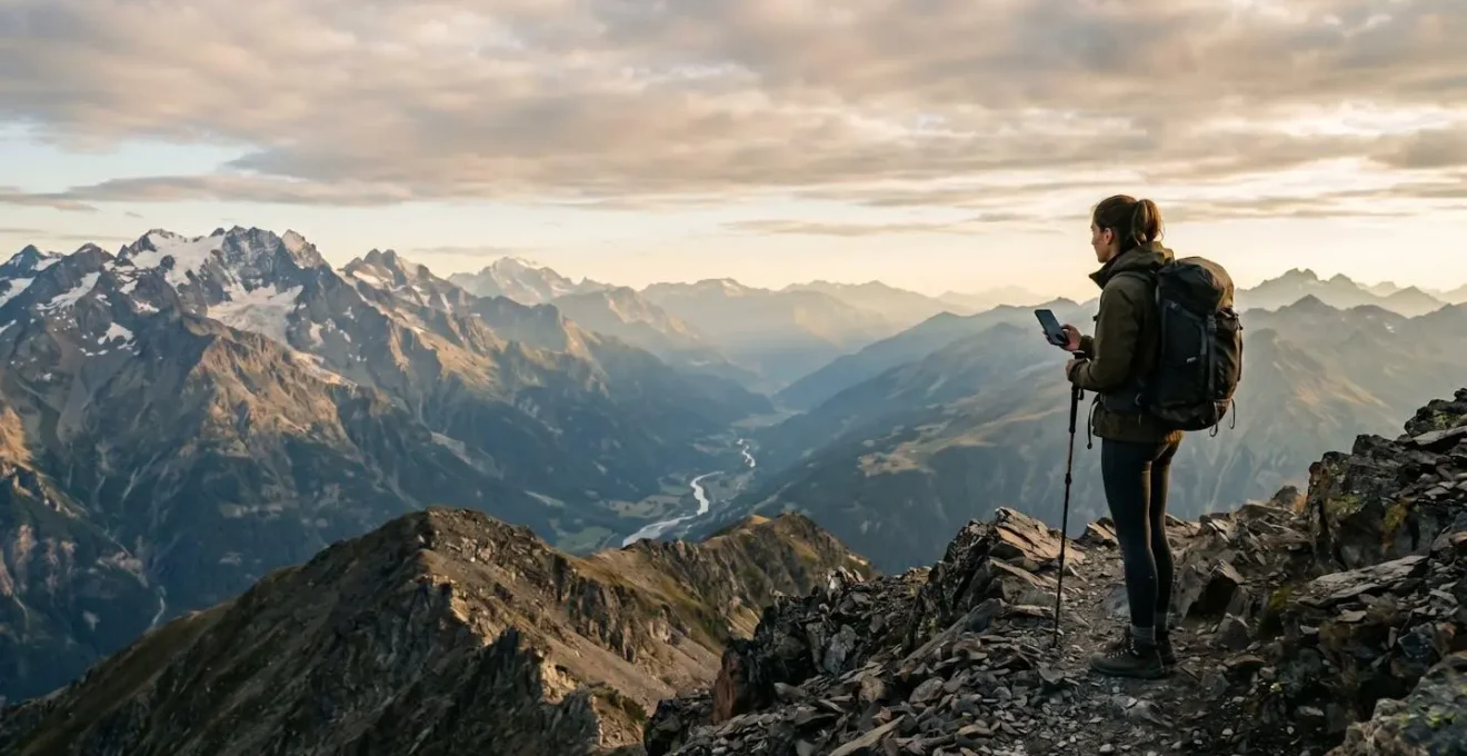 Randonneur consultant une carte hors ligne sur son smartphone au sommet d'un col des Alpes françaises, sans aucun signal réseau visible