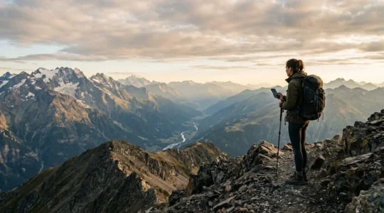 Randonneur consultant une carte hors ligne sur son smartphone au sommet d'un col des Alpes françaises, sans aucun signal réseau visible