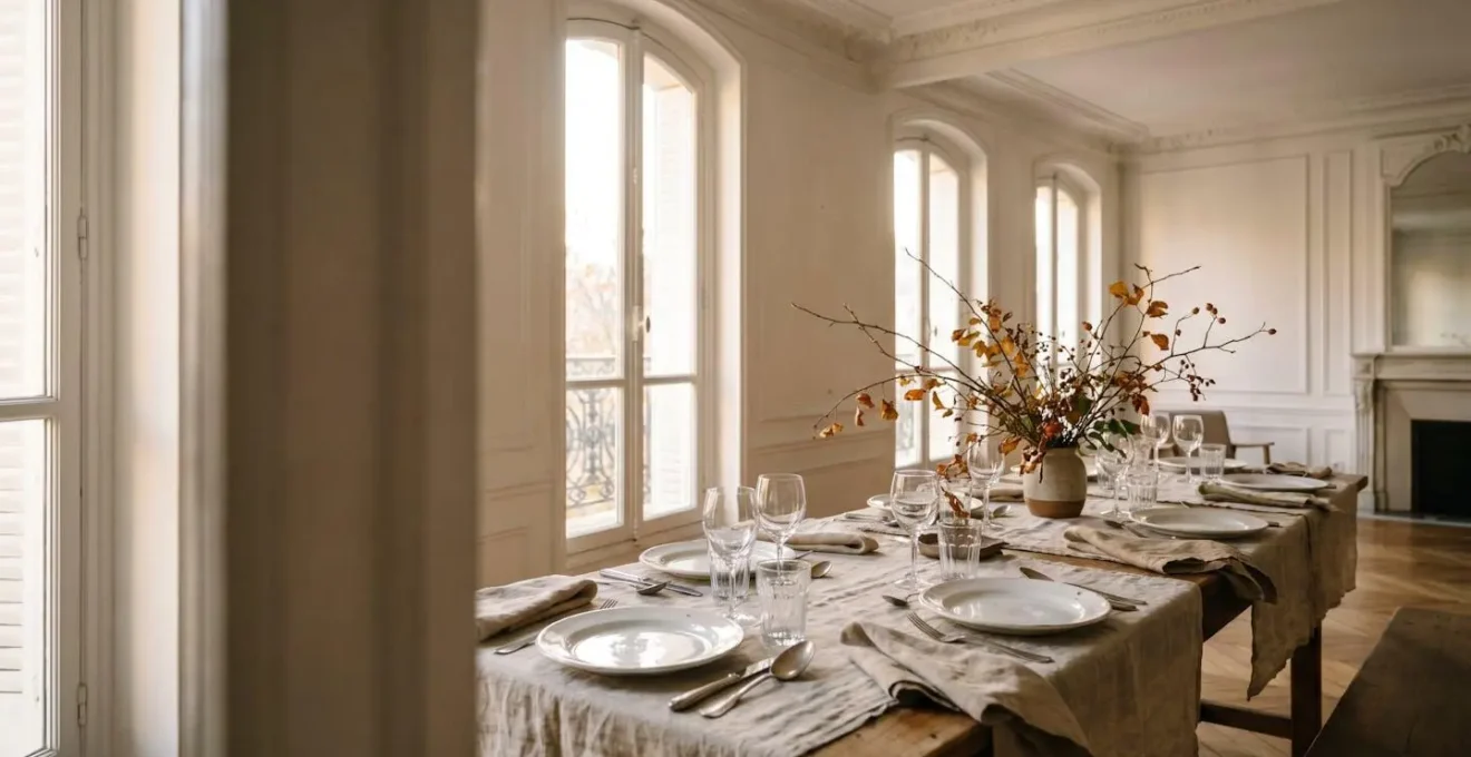 Table dressee avec elegance decontractee dans un appartement parisien lumineux, vaisselle blanche et linge de lin, sans exces de decoration