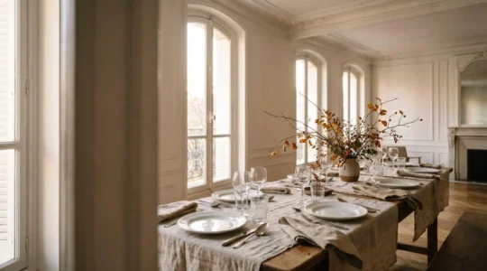 Table dressee avec elegance decontractee dans un appartement parisien lumineux, vaisselle blanche et linge de lin, sans exces de decoration