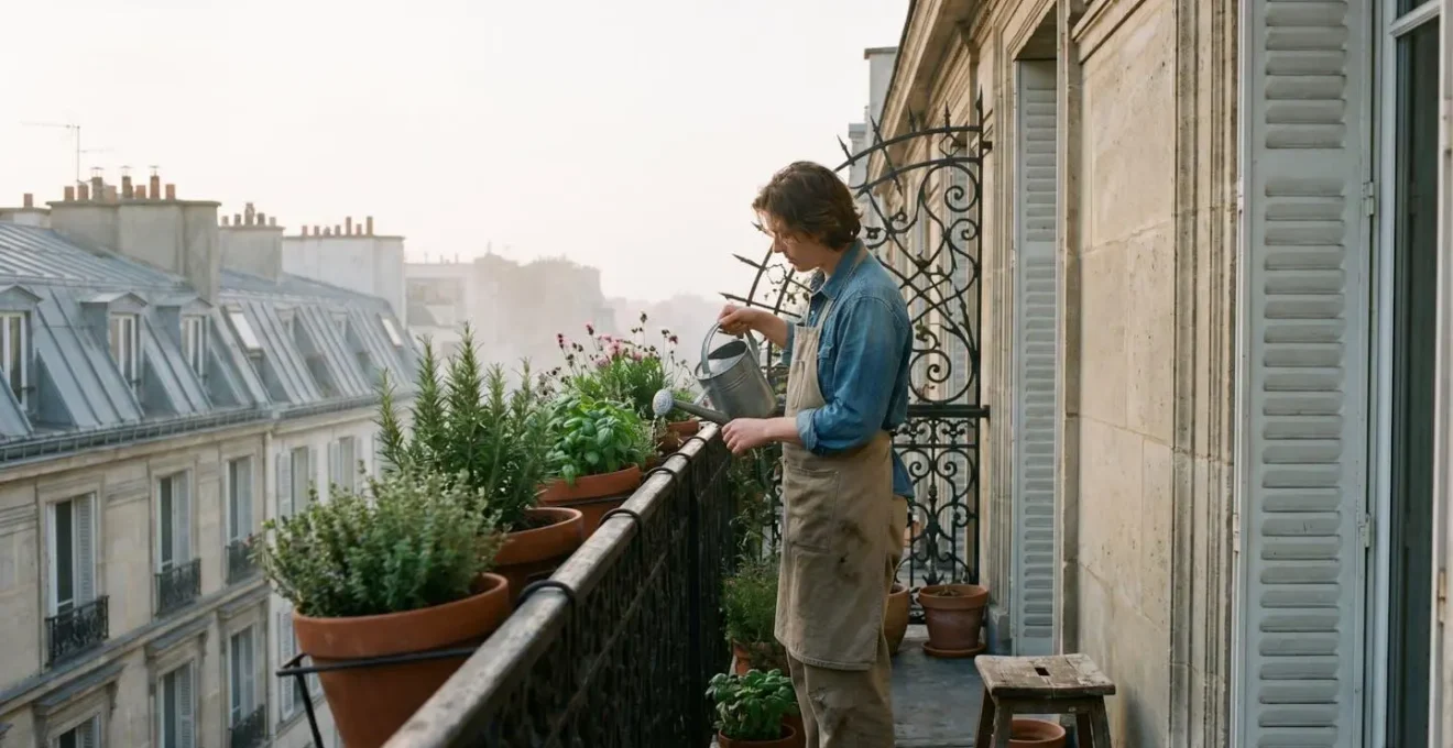 Une personne arrose des plantes sur le balcon d'un appartement parisien typique, illustrant une transition écologique douce et accessible au quotidien