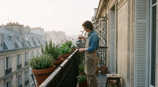 Une personne arrose des plantes sur le balcon d'un appartement parisien typique, illustrant une transition écologique douce et accessible au quotidien