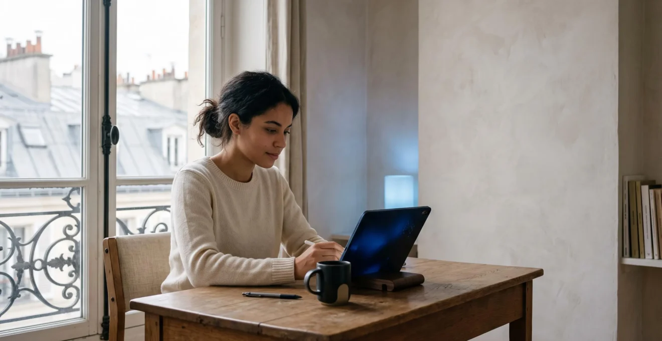 Une personne travaille sur une tablette légère installée dans un appartement parisien, symbolisant l'accès à un PC ultra-puissant via le cloud