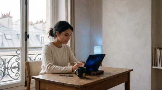Une personne travaille sur une tablette légère installée dans un appartement parisien, symbolisant l'accès à un PC ultra-puissant via le cloud