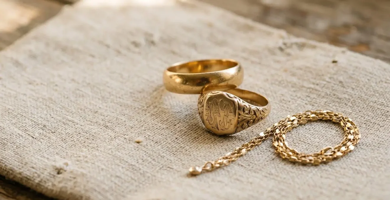 Trois bijoux intemporels de générations différentes réunis, symbolisant la transmission et la durabilité