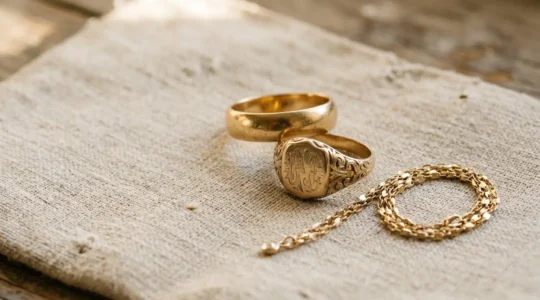 Trois bijoux intemporels de générations différentes réunis, symbolisant la transmission et la durabilité