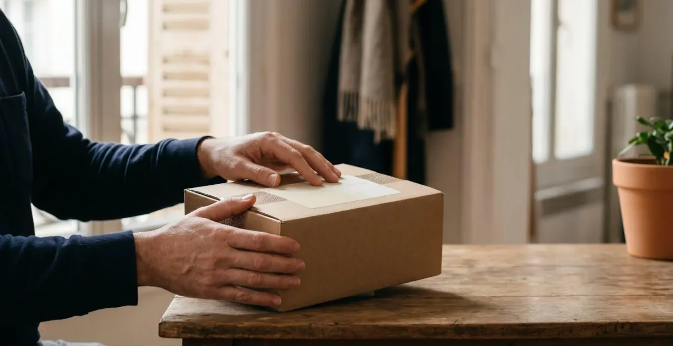 Des mains examinant avec attention un colis et une facture avant un achat en ligne, symbolisant la vigilance face aux arnaques e-commerce en France