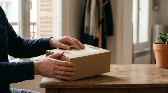 Des mains examinant avec attention un colis et une facture avant un achat en ligne, symbolisant la vigilance face aux arnaques e-commerce en France