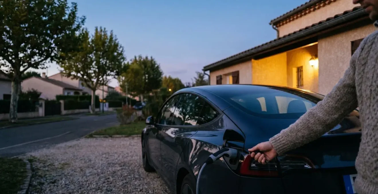 Une voiture électrique branchée devant une maison française au crépuscule, illustrant la question de l'adéquation entre véhicule électrique et usage quotidien