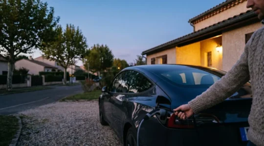 Une voiture électrique branchée devant une maison française au crépuscule, illustrant la question de l'adéquation entre véhicule électrique et usage quotidien