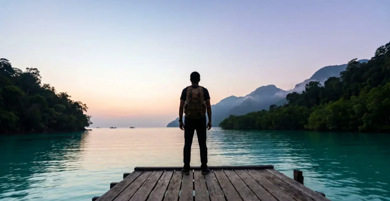 Un voyageur solitaire contemple un lagon tropical encore préservé au lever du jour, symbole des destinations exotiques avant leur transformation par le tourisme de masse