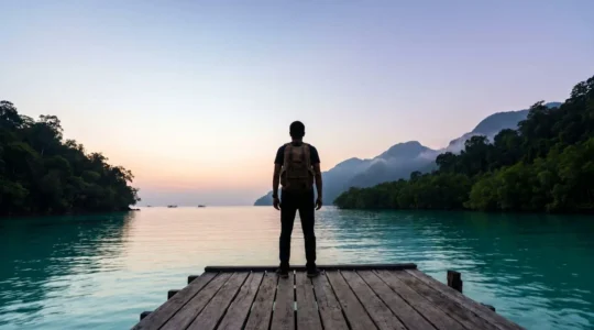 Un voyageur solitaire contemple un lagon tropical encore préservé au lever du jour, symbole des destinations exotiques avant leur transformation par le tourisme de masse