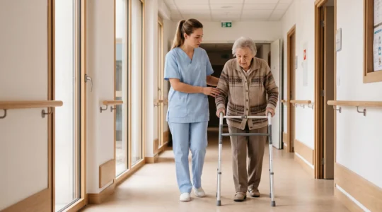 Aide-soignante accompagnant une personne âgée avec déambulateur dans un couloir d'EHPAD en France