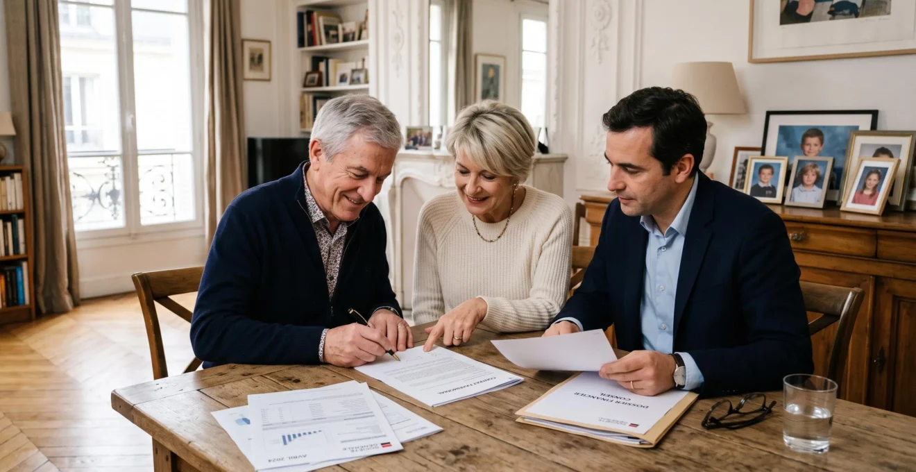 Un couple de seniors signe un contrat d'assurance vie avec un conseiller financier, autour de la table du salon.