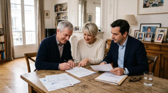 Un couple de seniors signe un contrat d'assurance vie avec un conseiller financier, autour de la table du salon.