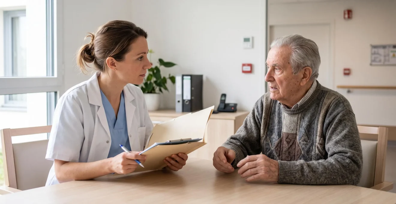 Professionnelle de santé conduisant une évaluation avec une personne âgée dans un bureau médical d'EHPAD