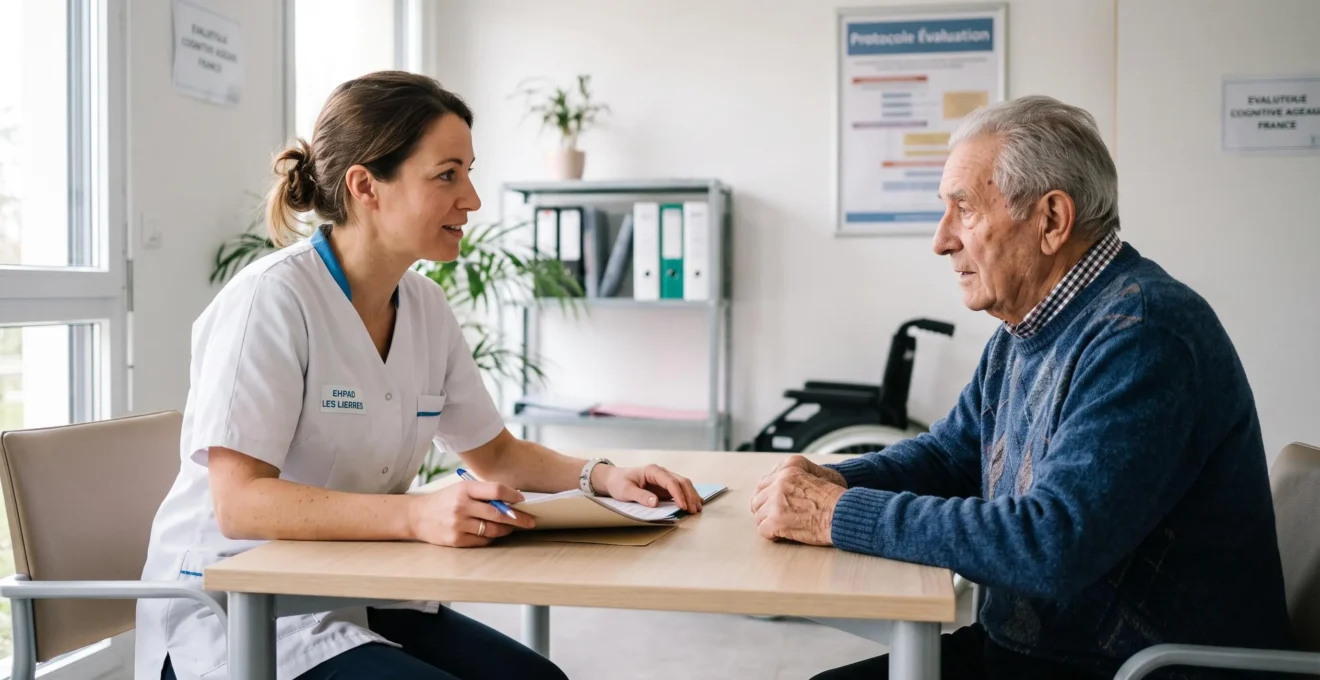 Professionnelle de santé conduisant une évaluation avec une personne âgée dans un bureau médical d'EHPAD