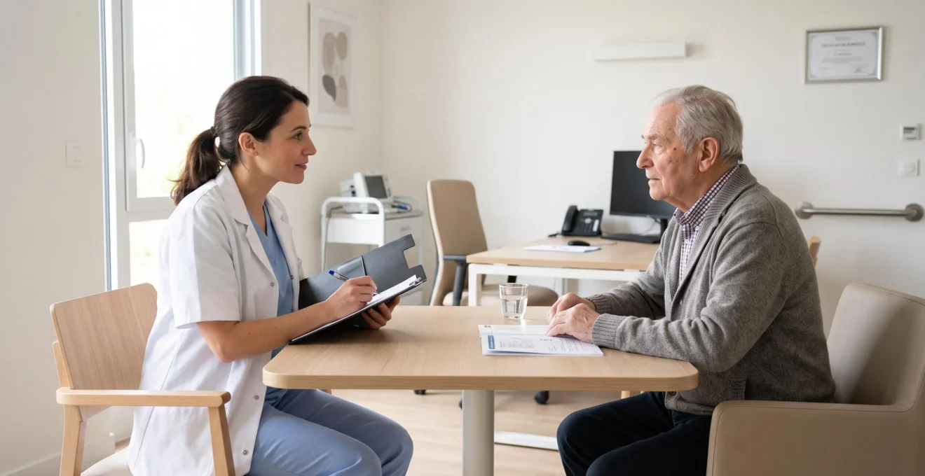 Professionnelle de santé conduisant une évaluation avec une personne âgée dans un bureau médical d'EHPAD