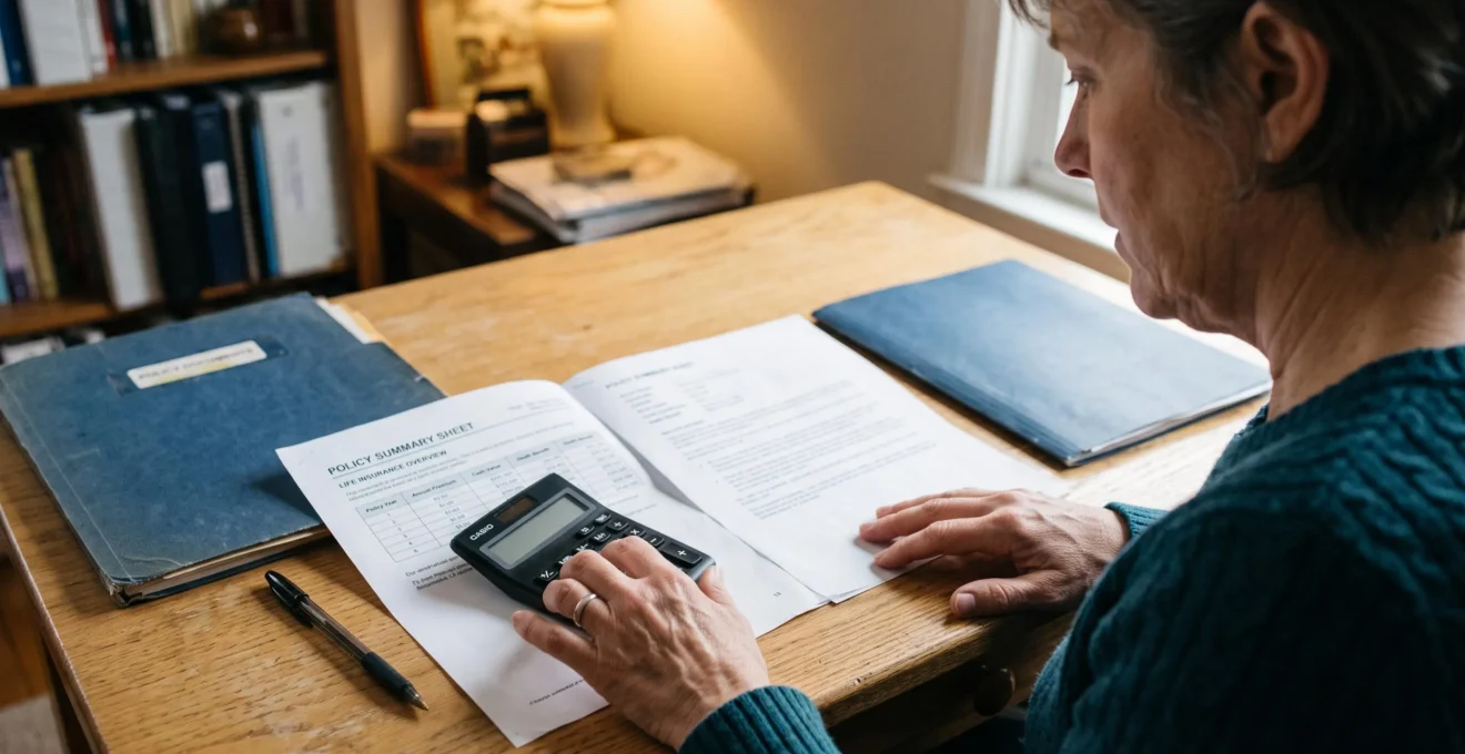 Une femme vérifie des montants à la calculatrice sur une simulation de fiscalité d'assurance vie posée sur son bureau.