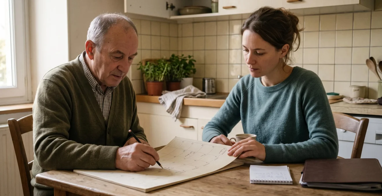 Un grand-père note une date au crayon sur un calendrier annuel avec sa fille adulte, à la table de la cuisine familiale.